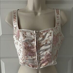 PrettyLittleThing Cream and Blush Floral Satin Corset Tank Top